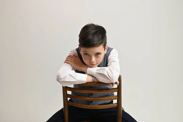 Portrait Caucasian Teenager Boy White Background Sitting Chair — Stock Photo, Image