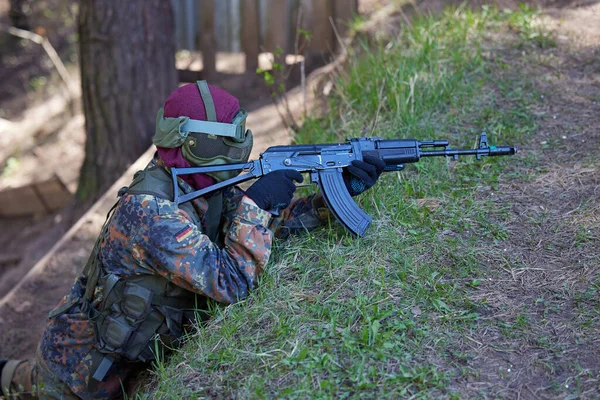 Minsk Belarus May 2021 Reporting Real Airsoft Game Forest Backdrop — Stock Photo, Image