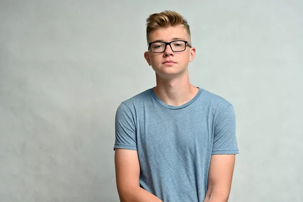 Serious Cute Caucasian Young Guy Glasses Looking Camera Directly White — Stock Photo, Image