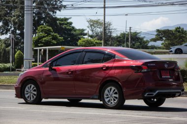 Chiangmai, Thailand -   October 26 2020: Private Eco car, New Nissan Almera. Photo at road no 121 about 8 km from downtown Chiangmai, thailand.
