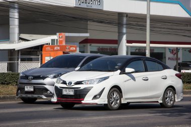 Chiangmai, Thailand - December 17 2020: New Private Sedan car toyota Yaris ATIV Eco Car.  Photo at road no 121 about 8 km from downtown Chiangmai thailand.