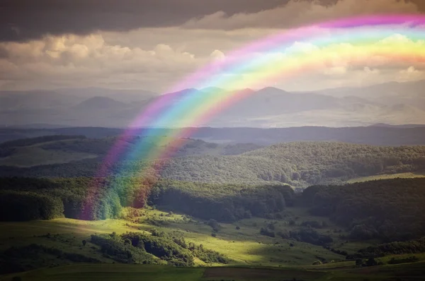 Rainbow over meadow in spring — Stock Photo, Image