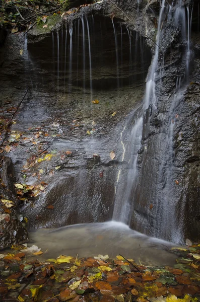 Waterfall with leaves in the water — Stock Photo, Image