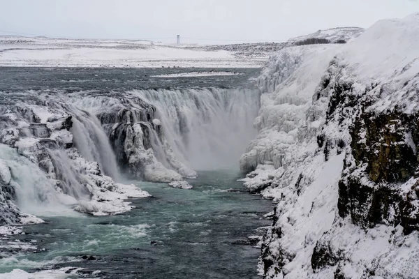 Vista panorámica de verano del popular destino turístico - Cascada Gullfoss. Increíble escena invernal de Islandia, Europa. Concepto de viaje fondo. —  Fotos de Stock