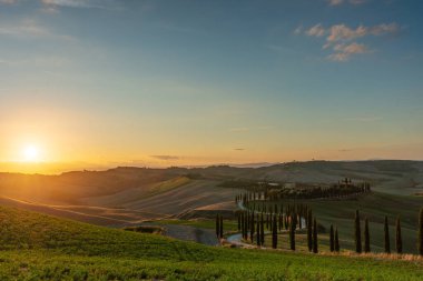 Tanınmış bir Toskana manzarası tahıl tarlaları, selvi ağaçları ve gün batımında tepelerde evler. Tuscany, İtalya ve Avrupa 'da dolambaçlı yolu olan sonbahar kırsal arazisi.