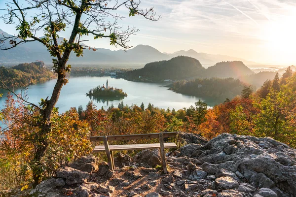 Vista incrível do Lago Bled em uma manhã de outono com um banco de madeira em primeiro plano e montanhas no fundo, Eslovênia. O conceito de viagem e relaxamento — Fotografia de Stock