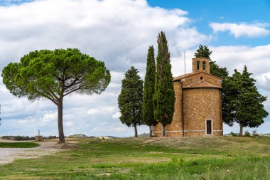 Tarlanın ortasında selvi çiçekleri olan bir şapel. Tepedeki kilise ve yeşil çevre. Madonna di Vitaleta Şapeli, Siena, Toskana, İtalya.