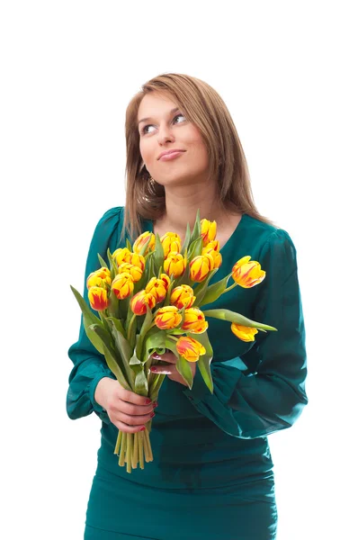 Beautiful  blonde woman with tulips bouquet — Stock Photo, Image