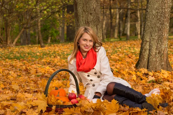 Beautiful young woman posing with pumpkin, apples — Stock Photo, Image