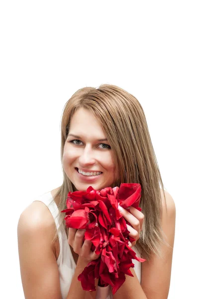 Vacker kvinna wit en röda rosor — Stockfoto