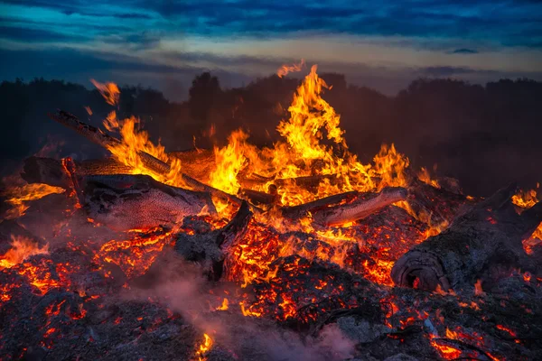Ландшафт с костром, ночью и ярким горячим пламенем — стоковое фото