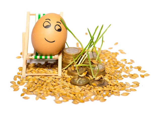 Śmieszne jajko i stos monet i nasion ryżu — Zdjęcie stockowe