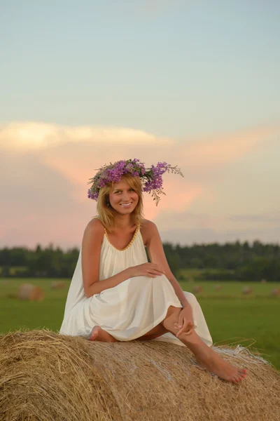 Блондинка позирует на закате на поле — стоковое фото