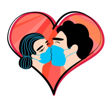 Sevgililer Gününüz kutlu olsun. Adam ve kız soyut bir kalbin arka planında tıbbi maskelerle öpüşüyor. Koronavirüs salgını sırasında aşk ve ilişkiler. Stok vektör illüstrasyonu.