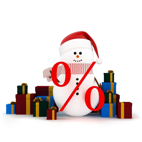 Christmas winter sale. Snowman in a hat of Santa Claus surrounded by gift boxes. Holding a sign of discount  in hands — Stock Photo, Image