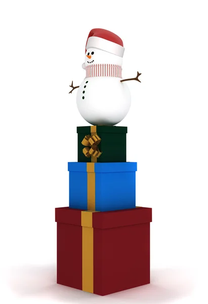 ขายคริสต์มาสฤดูหนาว สโนว์แมนในหมวกของซานตาคลอส ยืนอยู่บนกล่องของขวัญ — ภาพถ่ายสต็อก