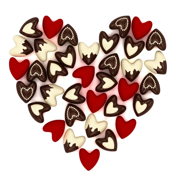 Corazón de San Valentín hecho de muchos pequeños corazones de chokolate y terciopelo sobre fondo blanco Fotos de stock libres de derechos
