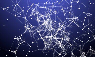 Beyaz noktaların ve çizgilerin yapay arkaplanı eşit olmayan bir şekilde aydınlatılmış. Pleksus bileşimi. Sığ alan derinliği