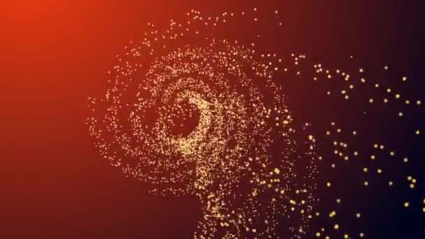 Cinta giratoria retorcida de partículas sobre un fondo rojo con deapto de campo — Vídeos de Stock