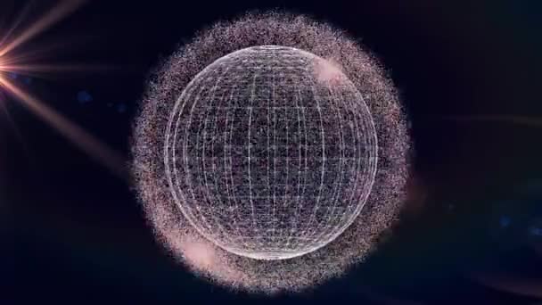 Bola segmentada girando en una nube de partículas que cambian de color — Vídeos de Stock