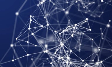 Beyaz noktaların ve çizgilerin yapay arkaplanı eşit olmayan bir şekilde aydınlatılmış. Pleksus bileşimi. Sığ alan derinliği