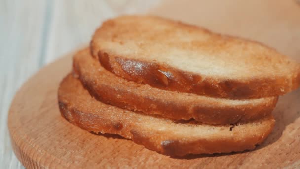 Pieces Toasted Bread Laid Out Kitchen Board — Stock Video