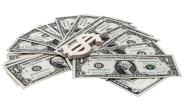 Dolar faturaları üzerinde yalan işareti — Stok fotoğraf