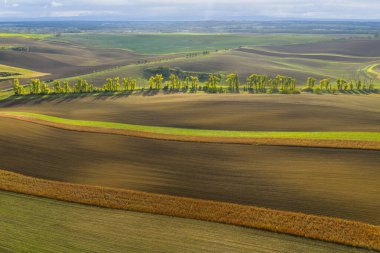 Güzel bir sonbahar manzarası. Tarım, seyahat, çevre ve doğa kavramı. Manzara fotoğrafçıları için dünyaca ünlü bir bölge. Conde Nast Traveller dergisi dünyanın en güzel 50 yeri arasında yer aldı. Hava görünümü.