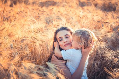 Küçük güzel çocuk buğday tarlasında annesine sarılıyor.