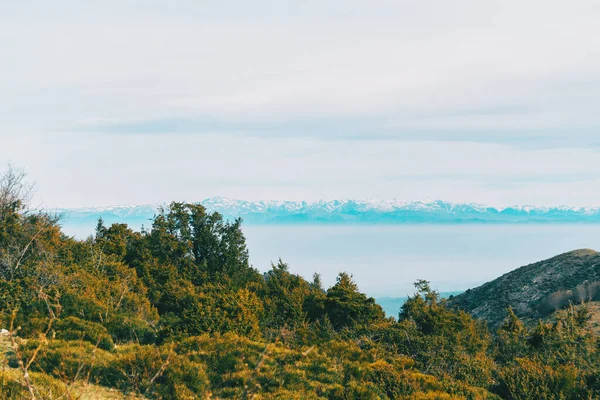 Paisagem Com Vista Para Uma Cordilheira Nevada Distância — Fotografia de Stock