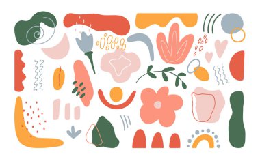 Beyaz arka planda organik şekiller var. Markalaşma için el çizimi soyut tasarım elementleri. Sosyal medya için minimal stil kaplama şablonu. Sanat eseri afişi. Vektör illüstrasyonu