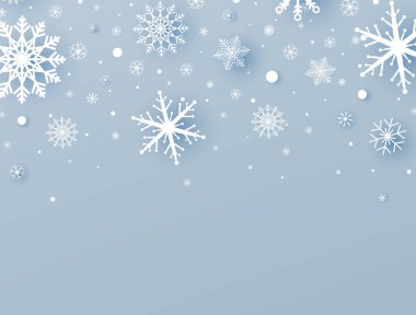 Yeni yıl kar taneleri çerçevesi. Kutlama partisi geçmişi. Beyaz kağıtlı Noel süslemesi kar tanelerini ve düşen karı keser. Kış tatili tebrik kartı. Lüks mavi pankart. Vektör illüstrasyonu