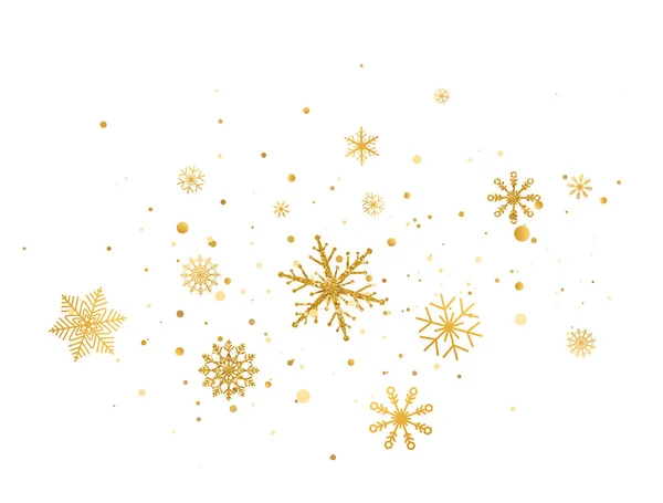 Gouden sneeuwvlokken decoratie op witte achtergrond. Feestontwerp elementen. Gouden sneeuwvlokken grens met verschillende ornamenten. Luxe kerstwenskaart. Winterversiering. Vectorillustratie — Stockvector