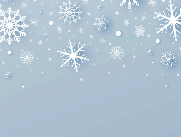 Cornice di fiocchi di neve di anno nuovo. Sfondo festa celebrazione. Decorazione natalizia con fiocchi di neve bianchi tagliati su carta e neve che cade. Biglietto d'auguri vacanze invernali. Bandiera blu di lusso. Illustrazione vettoriale — Vettoriale Stock