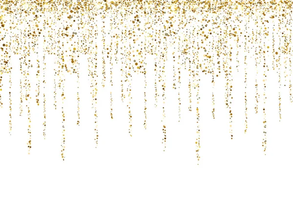 Beyaz arka planda altın yaldızlı çizgiler. Parıltılı dekorasyon çerçevesi. Altın köpüklü konfeti. Lüks tatil sınırı. Lüks kutlama afişi. Parlak parıltılar ve toz. Vektör illüstrasyonu