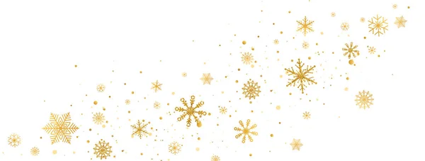 Longue bannière de célébration. Flocons de neige dorés bordent en forme de vague. Paillettes d'or flocons de neige et de la neige avec des étoiles sur fond blanc. Joyeux Noël et bonne année design. Illustration vectorielle — Image vectorielle