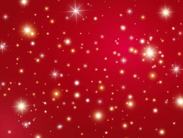 Fundo de Natal vermelho com luzes brilhantes. Feliz cartão de Natal com brilhos e estrelas. Decoração de férias tradicional de luxo. Textura de brilho para design de festa. Bandeira estrelada. Ilustração vetorial — Vetor de Stock