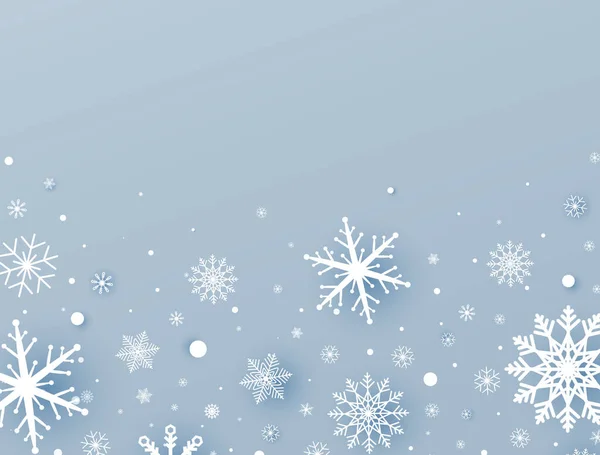 Nyår snöflingor gränsen. Festlig bakgrund. Juldekoration med vitt papper skära snöflingor och fallande snö. Vintersemester gratulationskort. Lyxig blå fana. Vektorillustration — Stock vektor
