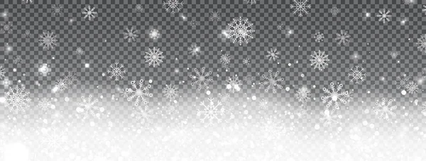 Festa de inverno bandeira longa. Flocos de neve realistas caindo em fundo transparente. Design de Natal com flocos de neve, snowdrifts, luzes e estrelas. Textura mágica de neve. Ilustração vetorial — Vetor de Stock