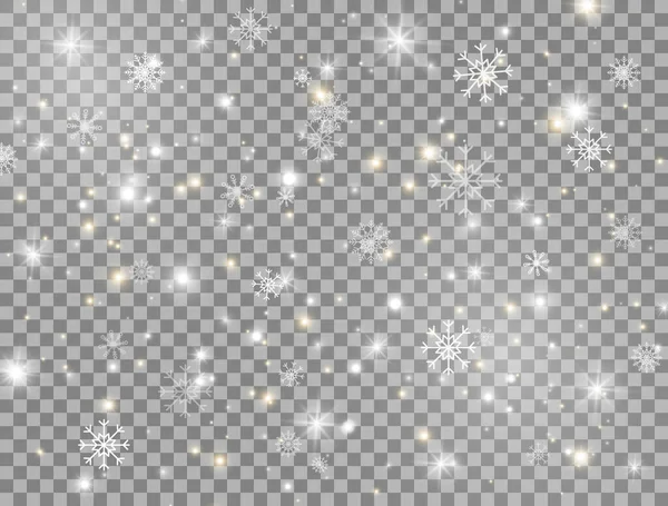 Snow and snowflakes bright design element. Glowing light effect. Golden and white sparkles on transparent background. Christmas banner. Glitter magic dust particles. Shining star. Vector illustration — Stock Vector