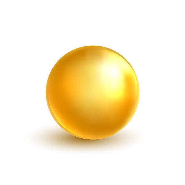 Gold sphere. Bright glossy ball. Oil golden bubble. Luxury cosmetic design element. Vitamin capsule or collagen essence drop. Metallic ball. Skincare template. Vector illustration