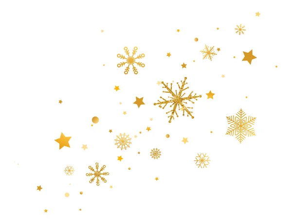 Fiocchi di neve dorati con bordo stelle. Celebrazione lungo striscione. Fiocchi di neve in oro glitter e neve su sfondo bianco. Buon Natale e felice anno nuovo design. Illustrazione vettoriale — Vettoriale Stock