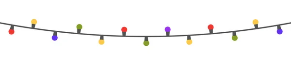 Kolor światła girlanda na białym długim banerze. Boże Narodzenie kolorowe światła dekoracji. Świecąca żarówka do kart świątecznych, banerów, plakatów, sieci. Led neonowa lampa granicy. Ilustracja wektora — Wektor stockowy