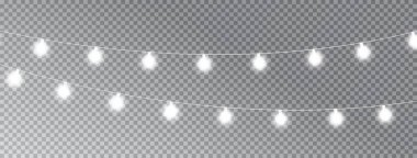 Şeffaf uzun afişte izole edilmiş Noel ışıkları. Parlayan beyaz çelenk ışıkları. Kutlama geçmişi. Led neon lambası. Xmas kartları, posterler, web tasarımı için parlak bir dekorasyon. Vektör illüstrasyonu