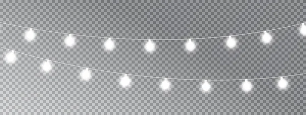 Şeffaf uzun afişte izole edilmiş Noel ışıkları. Parlayan beyaz çelenk ışıkları. Kutlama geçmişi. Led neon lambası. Xmas kartları, posterler, web tasarımı için parlak bir dekorasyon. Vektör illüstrasyonu