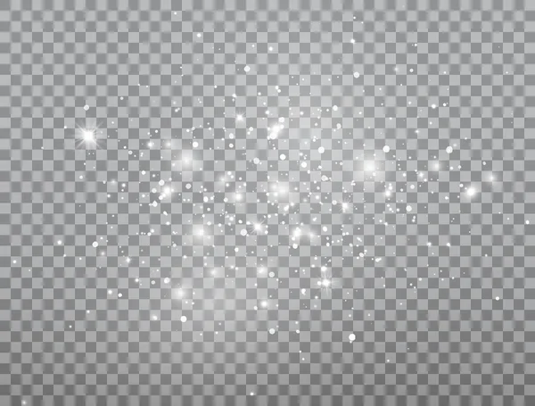 Parlayan ışık efekti. Parlayan kar kompozisyonu. Şeffaf arka planda parlak beyaz parıltılar. Noel tasarımı. Parıldayan sihirli toz parçacıkları. Güneş ışığı. Noel tasarımı. Vektör illüstrasyonu