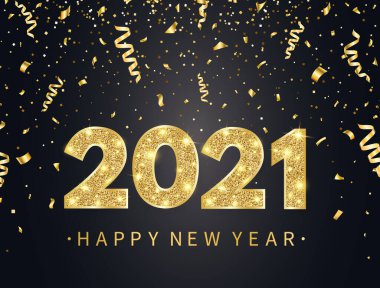 2021 Altın konfeti, parıltı, parıltı ve yıldızlarla mutlu yıllar. Parlak altın yazılı ve numaralı tatil afişi. Kutlama kartı için lüks şenlik tasarımı. Vektör illüstrasyonu