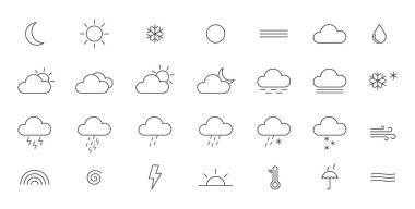 Weather line art icons set. Collection of thin modern symbols of weather. Outline meteorology shapes. Sun, rain, moon, cloud, cold, snow, wind, fog templates. Vector illustration
