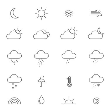 Weather line art icons set. Collection of thin modern symbols of weather. Sun, rain, moon, cloud, cold, snow, wind, fog templates. Outline meteorology shapes. Vector illustration