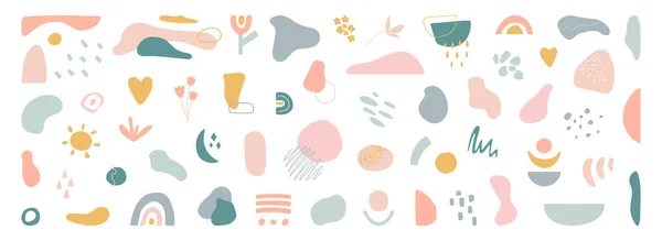 Uzun afişlerde organik şekiller var. El çizimi soyut tasarım elementleri pastel renklerde. Minimal stil kaplama şablonu. Sosyal medya hikayeleri için sanat biçimi, markalaşma, afiş, dekor. Vektör illüstrasyonu